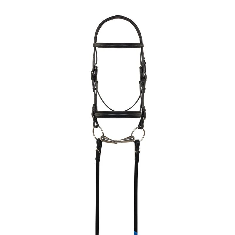 Aramas Plain Raised Padded 1in Wide Nose Dressage Bridle W/Leather Reins - Black/Black