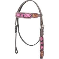 Western Rawhide Bead Browband Headstall - Pink