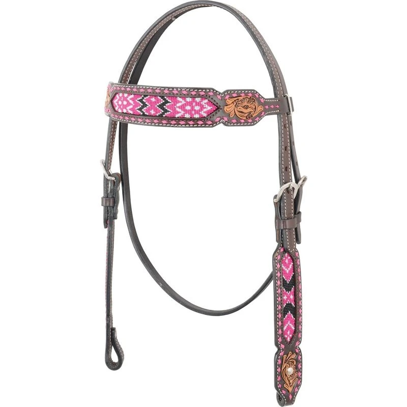Western Rawhide Bead Browband Headstall - Pink